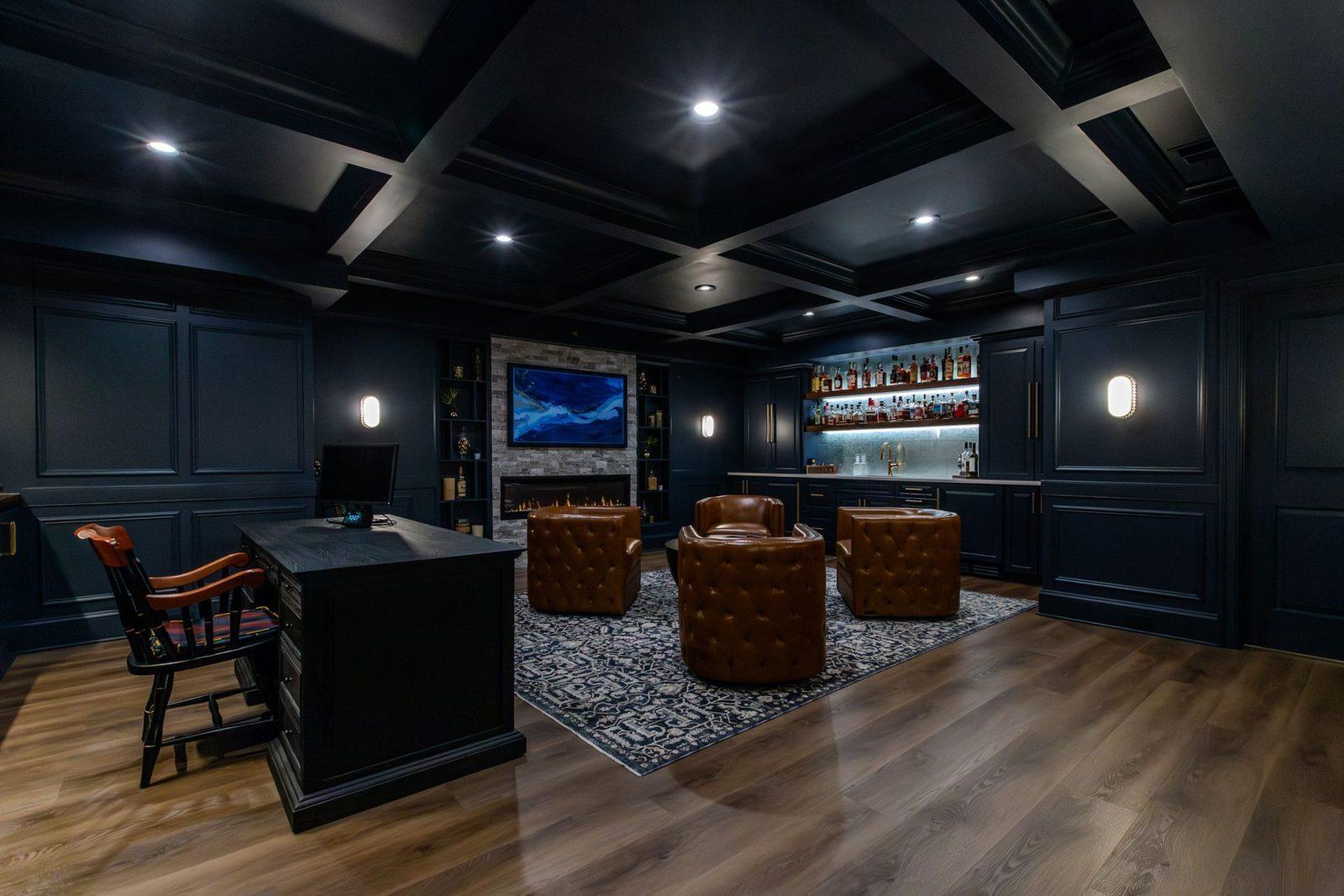 The Drinking Library — navy-paneled bar and lounge